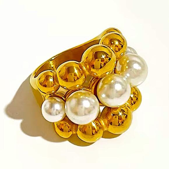 Gold Pearl Large Ball Statement Ring Chunky Exaggerated Cocktail Ring - Picture 2 of 7